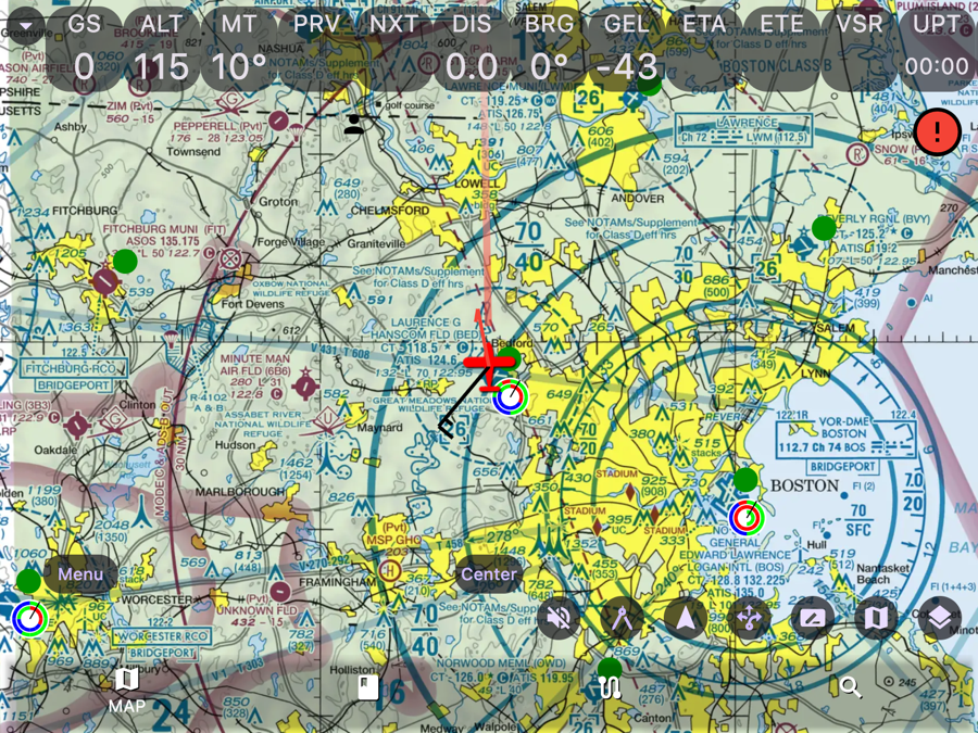 AvareX moving map with ownship, FAA sectional and instruments