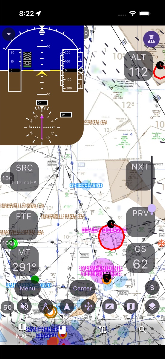 AvareX moving map on iPhone with ownship, FAA sectional chart, airspace and flight instrument tiles