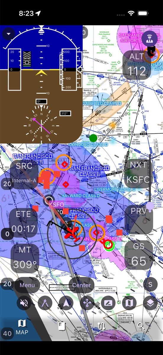 AvareX moving map showing San Francisco Class B airspace, ADS-B traffic targets and ownship