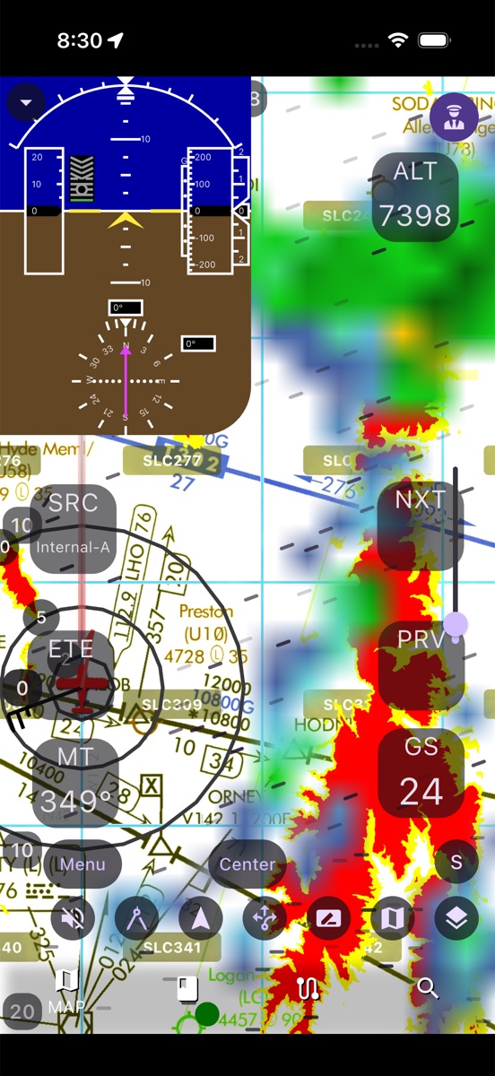 AvareX showing NEXRAD weather radar overlaid on the moving map with terrain rings