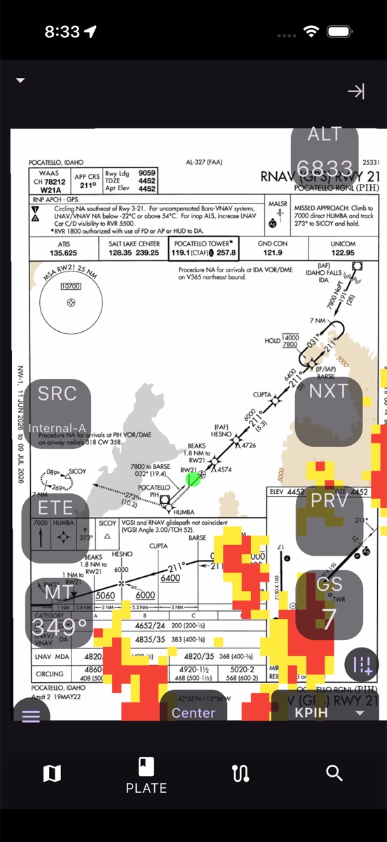 AvareX geo-referenced RNAV approach plate with ownship and weather overlay